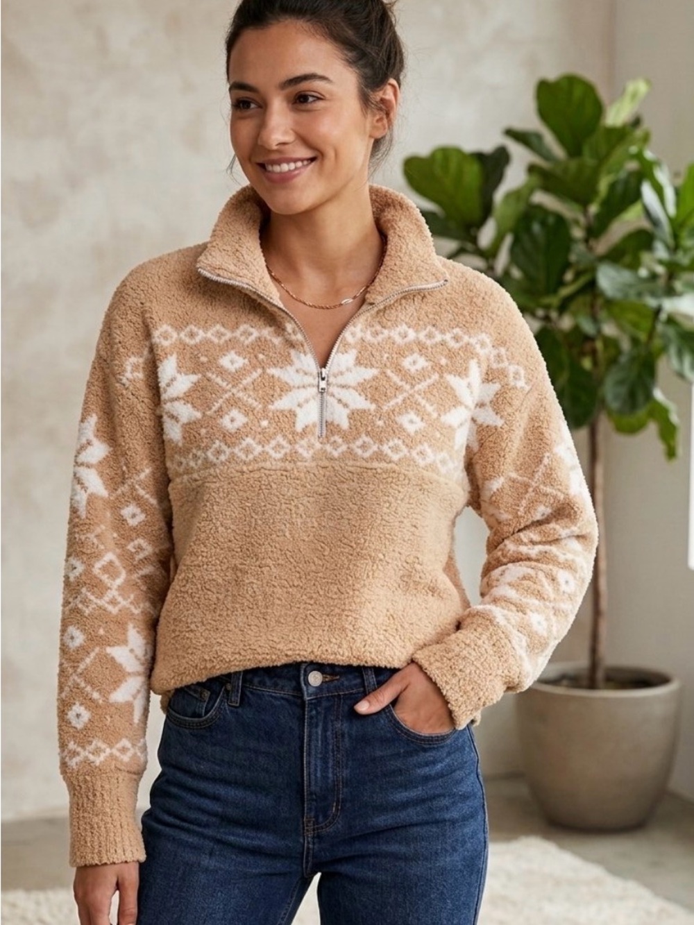 Style & Co. soft plush snowflake motif half zip sweater